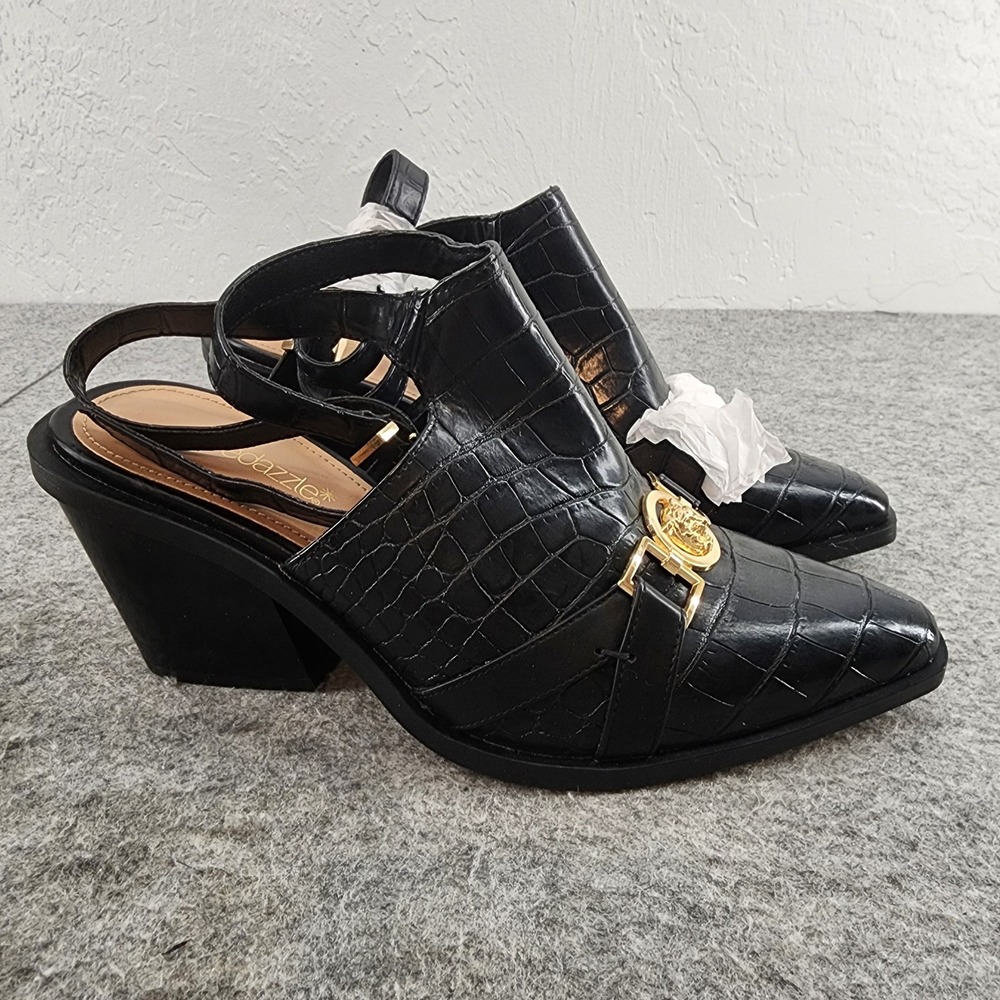 Shoedazzle Kathee Black Croc Embossed Pointed Toe Slingback Block Heels 8.5